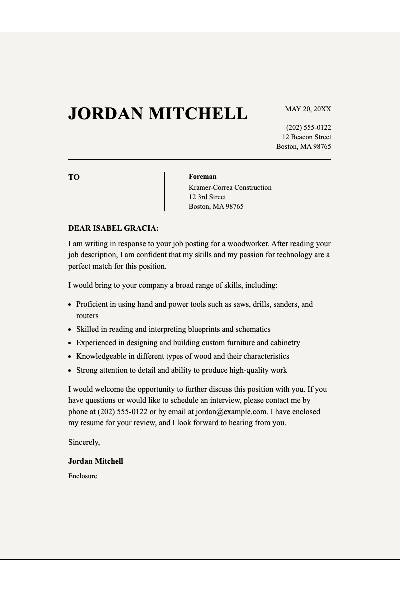 Construction work cover letter - Professional job application letter template with sender/recipient blocks, skills list, and clean serif layout.